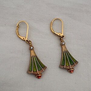Green Enamel Fan Drop Earrings - Gold Tone